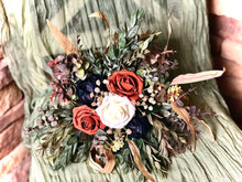 Load image into Gallery viewer, Navy terracotta fall wedding bouquet with babies breath and eucalyptus