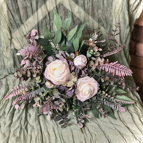 Purple eucalyptus and hydrangea boho traditional white bridal wedding bouquet