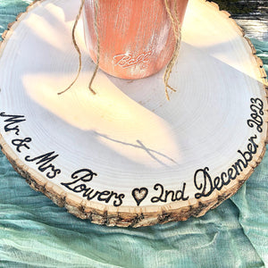 Personalized Wood slices cake stand wood rounds Mr and Mrs with date