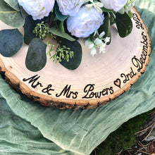 Load image into Gallery viewer, Personalized Wood slices cake stand wood rounds Mr and Mrs with date