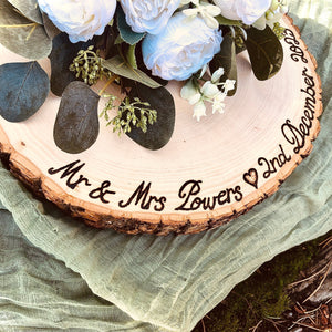 Personalized Wood slices cake stand wood rounds Mr and Mrs with date