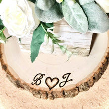 Load image into Gallery viewer, Personalized Wood slices cake stand wood rounds Mr and Mrs with date