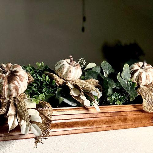 Fall greenery garland for mantel with white pumpkins rustic