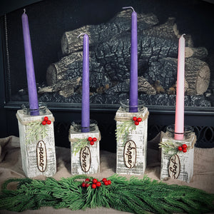 Advent wreath for Christmas 4 piece set with purple and pink taper candles