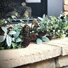 Load image into Gallery viewer, Glittered eucalyptus garland gold and silver for Christmas mantel or outside doorway