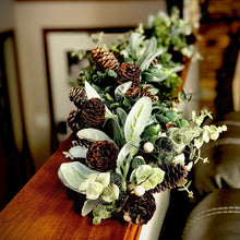 Load image into Gallery viewer, Glittered eucalyptus garland gold and silver for Christmas mantel or outside doorway