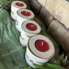 Load image into Gallery viewer, Birch bark advent wreath candleholders with candles - Joy Hope Peace Love advent wreath engraved wood