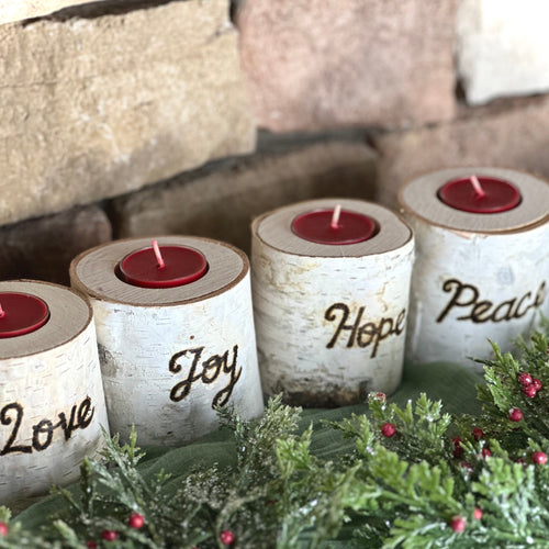 Birch bark advent wreath candleholders with candles - Joy Hope Peace Love advent wreath engraved wood