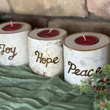 Load image into Gallery viewer, Birch bark advent wreath candleholders with candles - Joy Hope Peace Love advent wreath engraved wood