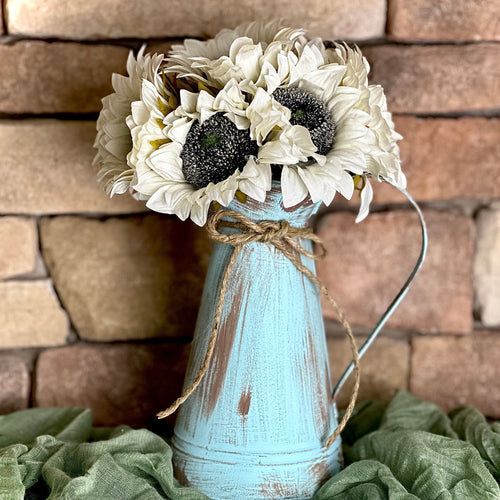 Rustic water pitcher, Sunflower centerpiece for kitchen table -Shabby chic watering can