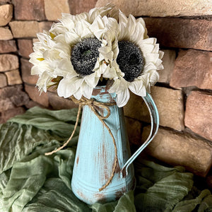 Rustic water pitcher, Sunflower centerpiece for kitchen table -Shabby chic watering can