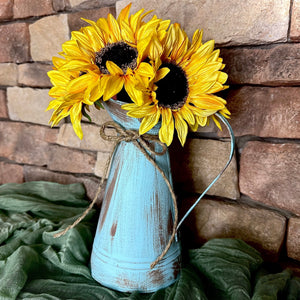 Rustic water pitcher, Sunflower centerpiece for kitchen table -Shabby chic watering can