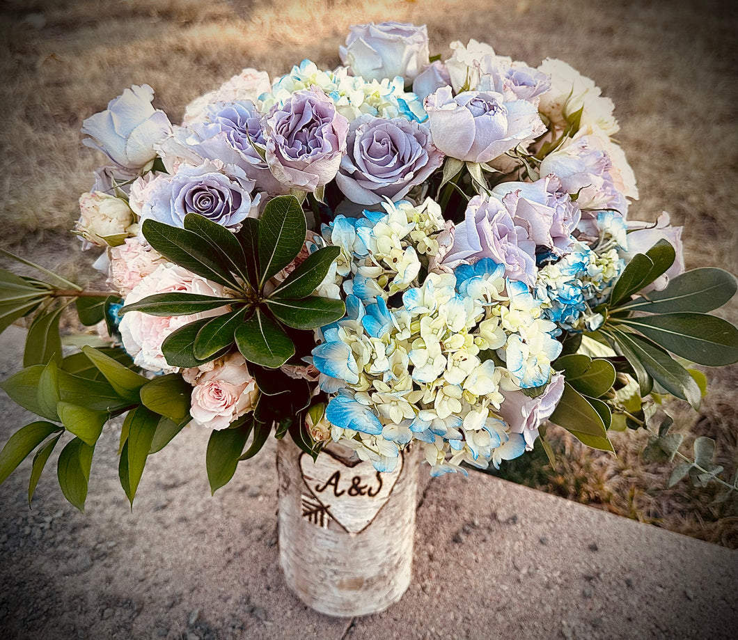 Personalized initials or names heart with pink and purple rose and hydrangea floral arrangement