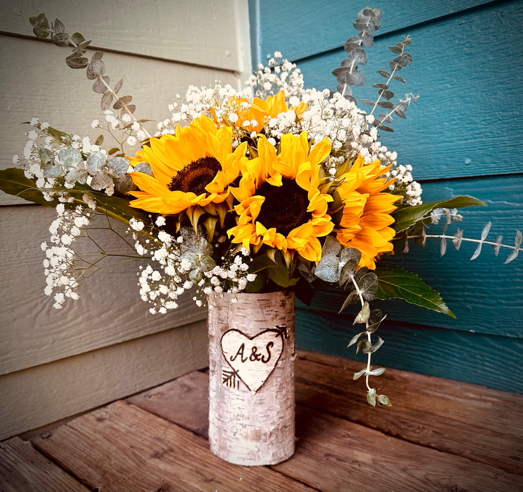 Personalized initials or names heart with sunflower floral arrangement