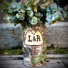 Load image into Gallery viewer, Reindeer Moss covered birch dark wood vase personalized