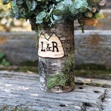 Load image into Gallery viewer, Reindeer Moss covered birch dark wood vase personalized