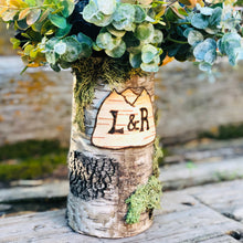 Load image into Gallery viewer, Reindeer Moss covered birch dark wood vase personalized