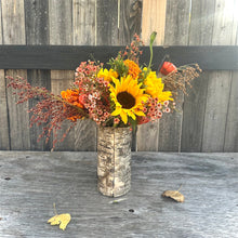 Load image into Gallery viewer, Mountain customized vase with a fall/autumn assorted mix floral arrangement