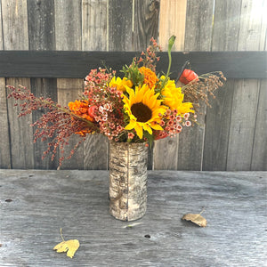 Mountain customized vase with a fall/autumn assorted mix floral arrangement