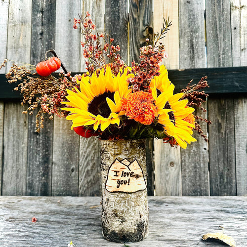 Mountain customized vase with fall/autumn assorted arrangement