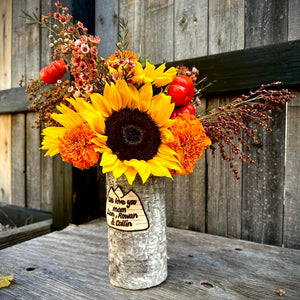 Mountain customized vase with a fall/autumn assorted mix floral arrangement