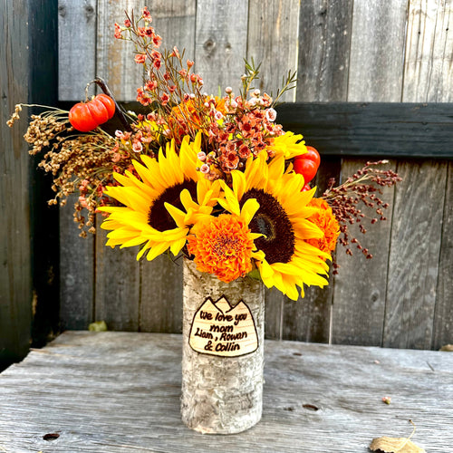 Mountain customized vase with a fall/autumn assorted mix floral arrangement