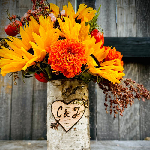 Personalized initials or names heart with choice of floral arrangement