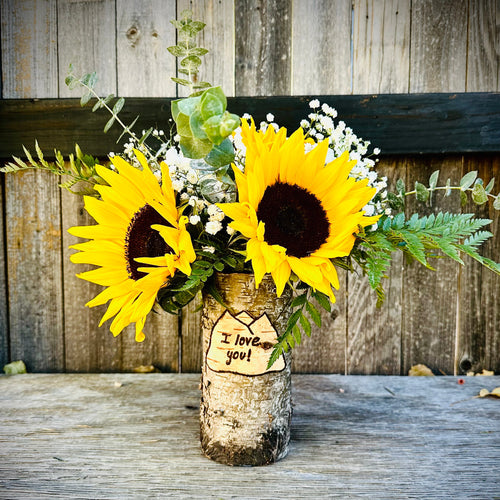 Mountain vase I love you with sunflower arrangement