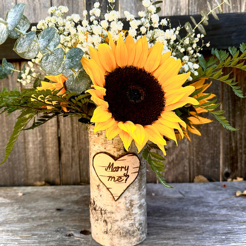 Will you marry me? Customized vase with sunflower arrangement
