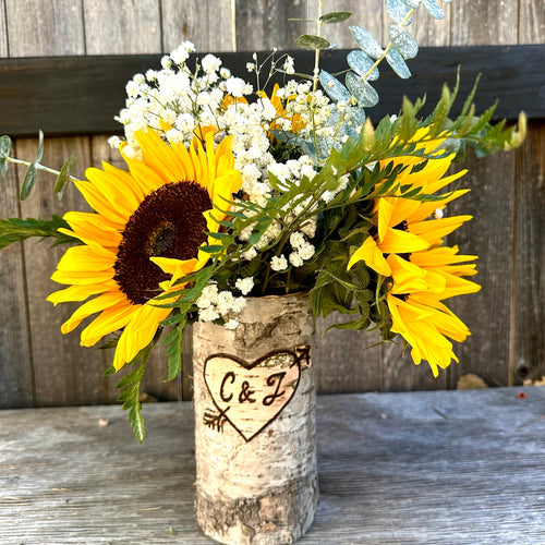 Personalized initials or names heart with sunflower floral arrangement