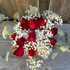 Mountain customized vase with a fall/autumn assorted mix floral arrangement