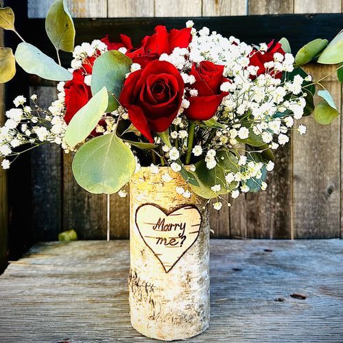 Will you marry me? Customized vase with red roses and babies breath floral arrangement