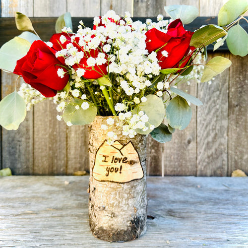 Mountain vase I love you with red roses and babies breath arrangement