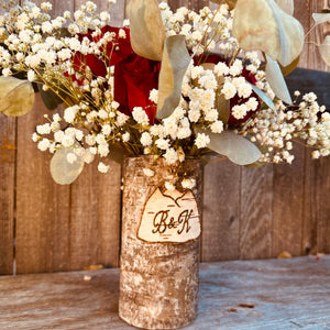 Mountain customized vase with classic rose and babies breath arrangement