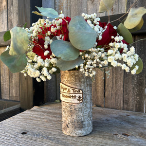 National Park custom vase with red roses and babies breath arrangement