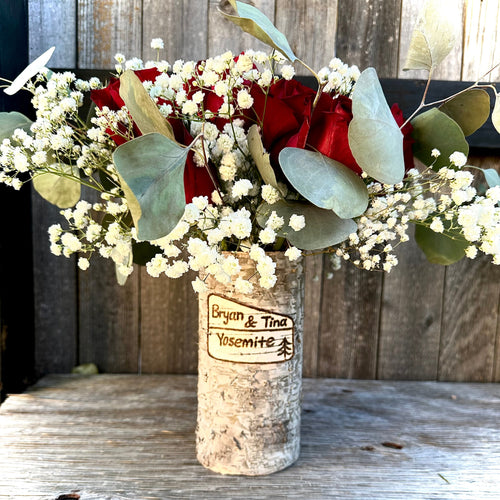 National Park custom vase with red roses and babies breath arrangement