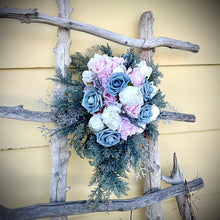 Load image into Gallery viewer, Cascading dusty blue wedding bouquet | Dusty blue bridesmaid bouquets | Dusty blue boutonnieres for wedding