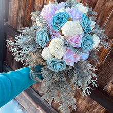 Load image into Gallery viewer, Cascading dusty blue wedding bouquet | Dusty blue bridesmaid bouquets | Dusty blue boutonnieres for wedding