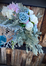 Load image into Gallery viewer, Cascading dusty blue wedding bouquet | Dusty blue bridesmaid bouquets | Dusty blue boutonnieres for wedding