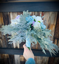 Load image into Gallery viewer, Cascading dusty blue wedding bouquet | Dusty blue bridesmaid bouquets | Dusty blue boutonnieres for wedding