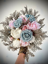 Load image into Gallery viewer, Cascading dusty blue wedding bouquet | Dusty blue bridesmaid bouquets | Dusty blue boutonnieres for wedding
