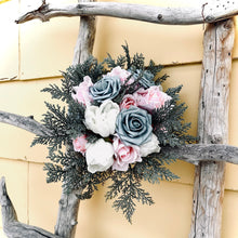 Load image into Gallery viewer, Cascading dusty blue wedding bouquet | Dusty blue bridesmaid bouquets | Dusty blue boutonnieres for wedding