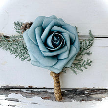Load image into Gallery viewer, Cascading dusty blue wedding bouquet | Dusty blue bridesmaid bouquets | Dusty blue boutonnieres for wedding