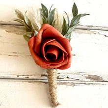 Load image into Gallery viewer, Cascading terracotta white and pampas wedding bouquet | Terracotta pampas bridesmaid bouquets | Dark orange pampas wedding boutonniere |