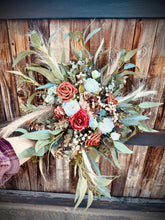 Load image into Gallery viewer, Cascading terracotta white and pampas wedding bouquet | Terracotta pampas bridesmaid bouquets | Dark orange pampas wedding boutonniere |