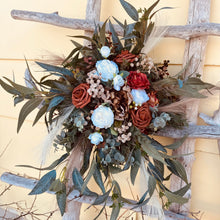 Load image into Gallery viewer, Cascading terracotta white and pampas wedding bouquet | Terracotta pampas bridesmaid bouquets | Dark orange pampas wedding boutonniere |