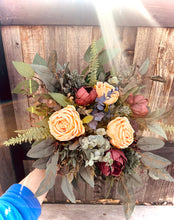 Load image into Gallery viewer, Burgundy, yellow, ficus wedding bouquet | Jewel tone wedding bouquets | Jewel toned bridesmaids bouquets | Yellow wedding boutonniere