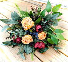 Load image into Gallery viewer, Burgundy, yellow, ficus wedding bouquet | Jewel tone wedding bouquets | Jewel toned bridesmaids bouquets | Yellow wedding boutonniere