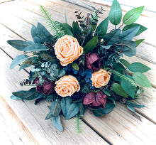 Load image into Gallery viewer, Burgundy, yellow, ficus wedding bouquet | Jewel tone wedding bouquets | Jewel toned bridesmaids bouquets | Yellow wedding boutonniere