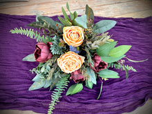 Load image into Gallery viewer, Burgundy, yellow, ficus wedding bouquet | Jewel tone wedding bouquets | Jewel toned bridesmaids bouquets | Yellow wedding boutonniere